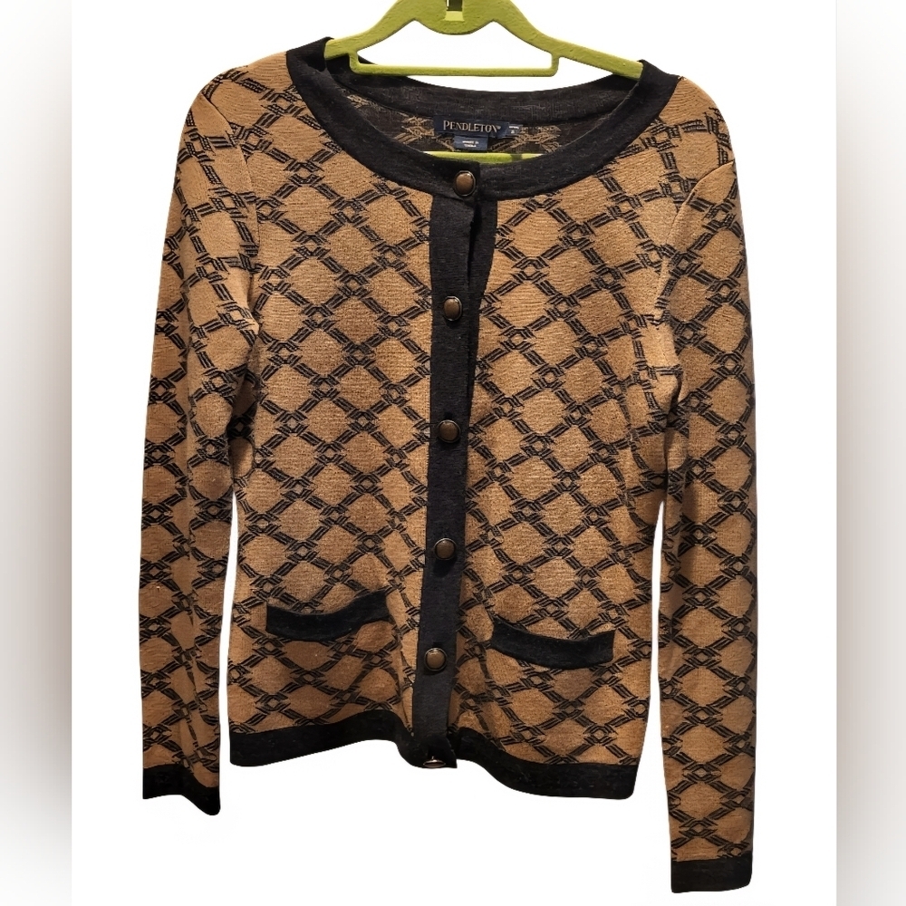 Pendleton Tan & Black Cardigan Ladies Merino Wool Sweater Size Petite Small